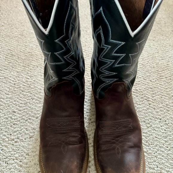 Nocona brown & black leather square toe Western cowboy boots, men's size 9D - Picture 5 of 14